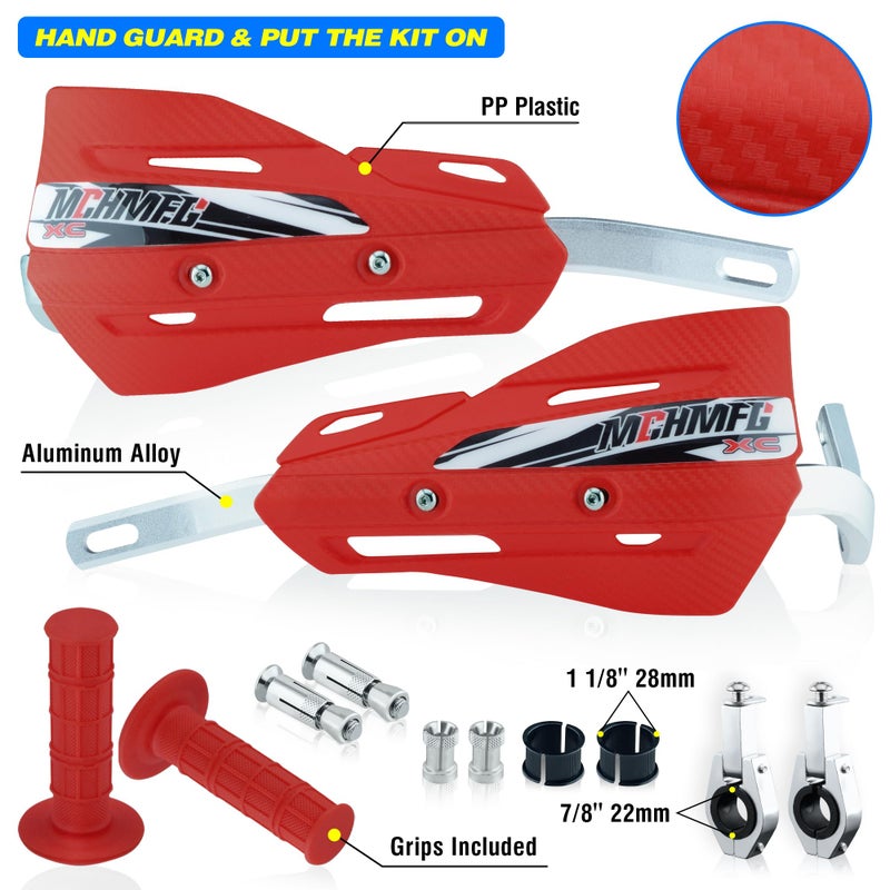 MCHMFG Dirt Bike Handguards with Grips - 7/8"" and 1 1/8"" Motorcycle Hand Guards for ATV - Universal Handguards Bracket for Off Road Motorcross Red - Image 3